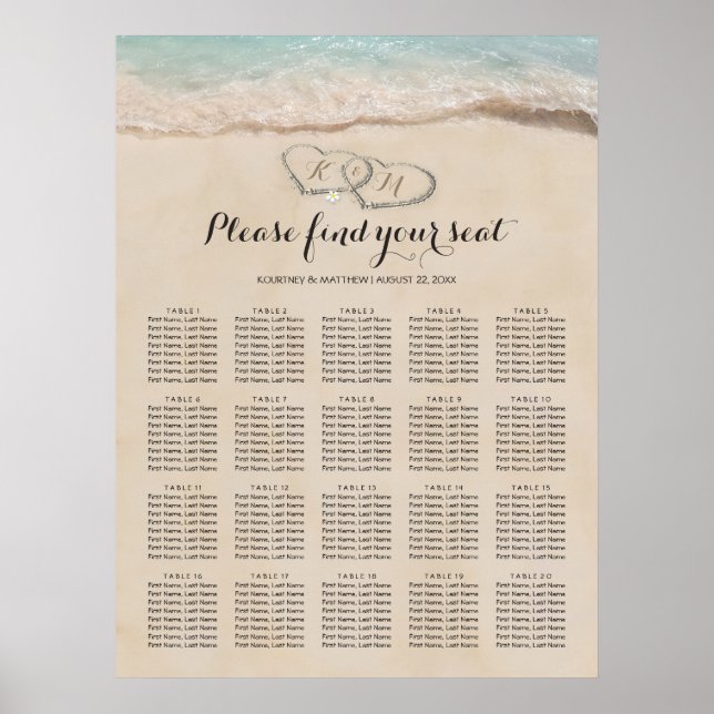 Poster Tropical Beach Wedding 20 Table Seating Chart (Devant)