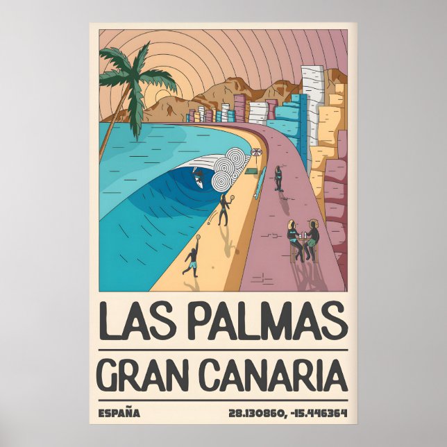 Poster Tropical Coastal Art Print, Palm Tree Bay, Retro (Devant)