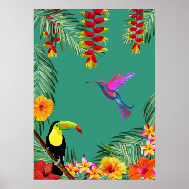 Poster Tropical Delight hummingbird toucan flowers  (Devant)