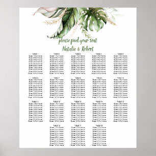 Poster Tropical Greenery Blush Pink Gold Seating Chart