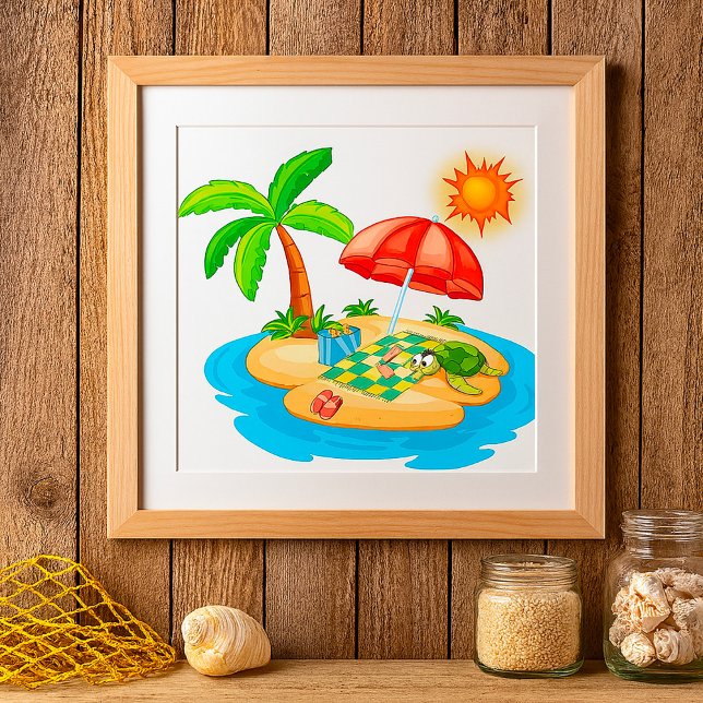 Poster Tropical Island Beach Turtle Palm Tree Picnic (Créateur téléchargé)