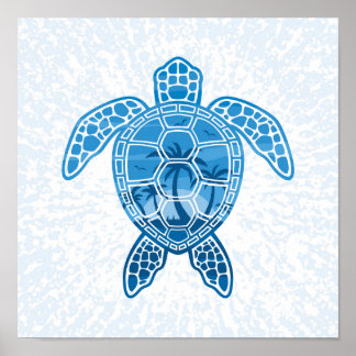 Poster Tropical Island Sea Turtle Design en bleu
