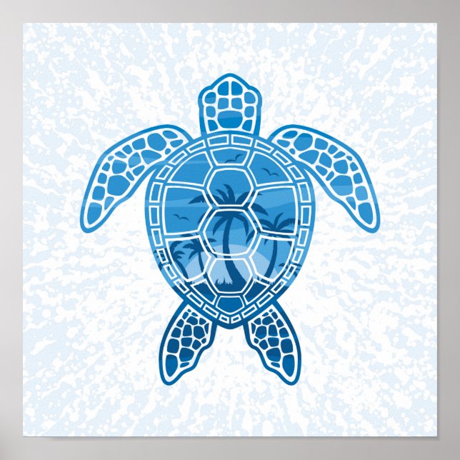 Poster Tropical Island Sea Turtle Design en bleu (Devant)