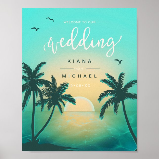 Poster Tropical Isle Sunrise Mariage Bienvenue ID Turquoi (Devant)