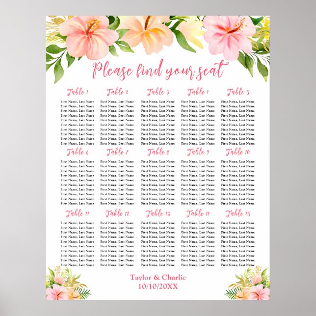 Poster Tropical Jungle Wedding 15 Tables Seating Chart (Devant)