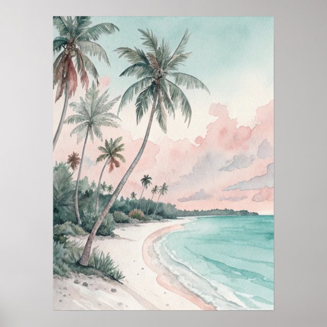 Poster Tropical Palm Beach Watercolor (Devant)