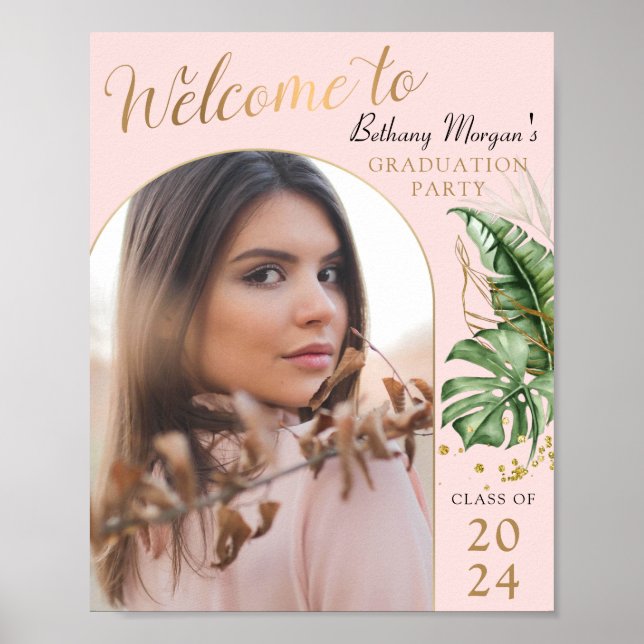 Poster Tropical Pink Gold Arch Photo Graduation Bienvenue (Devant)