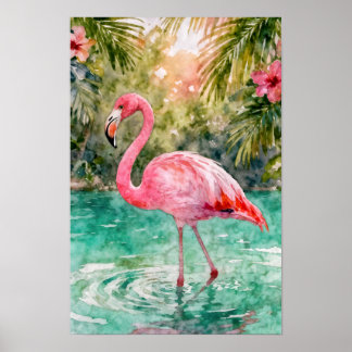 Poster Tropical Watercolor Pink Flamingo Floral Paradise