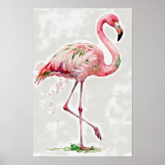 Poster Tropical Watercolor Pink Flamingo On White