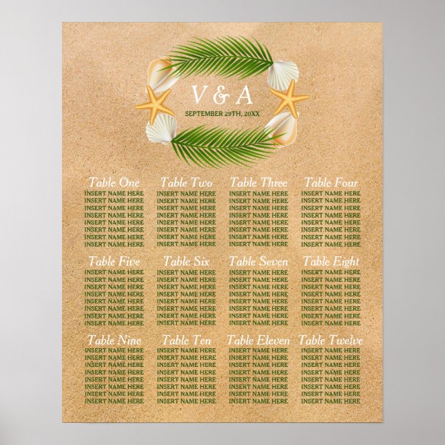 Poster Tropical Wreath Sandy Beach Wedating Seating Chart (Devant)