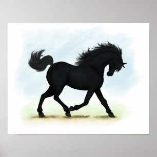 Poster Trotting Black Horse or Pony Equestrian