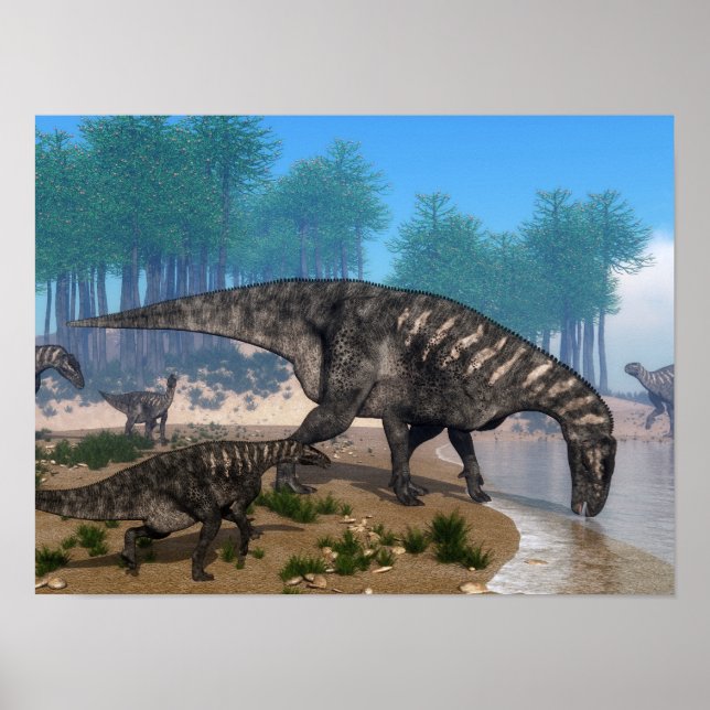 Poster Troupeau de dinosaures d'Iguanodon sur le rivage (Devant)