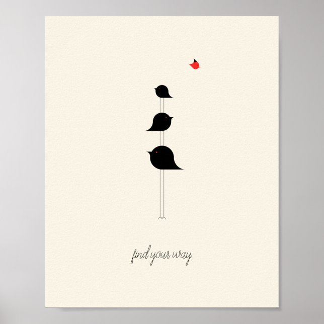 Poster Trouvez Votre Chemin Oiseaux mignons Dessin Rouge  (Devant)