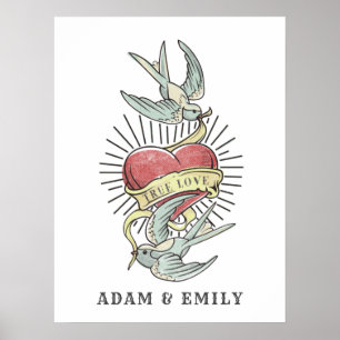Poster True Love   Vintage Tattoo Birds with Heart
