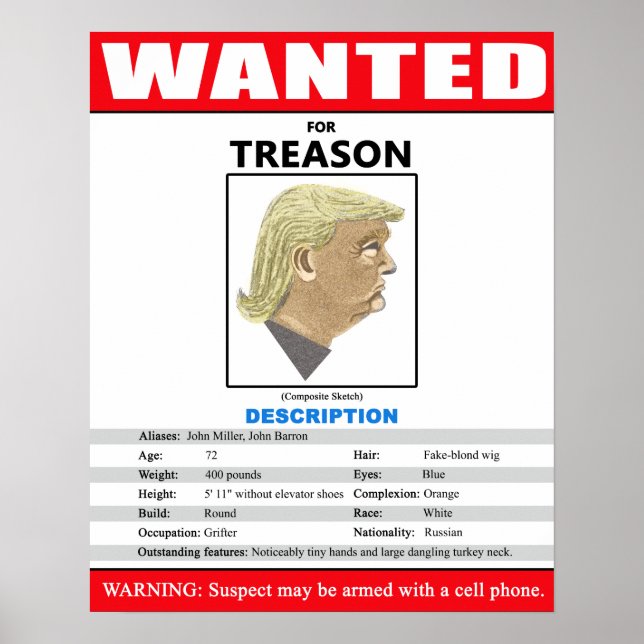 Poster Trump Recherché pour trahison (Devant)