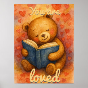 Poster Tu es aimé – Ours en peluche à l'aquarelle lisant