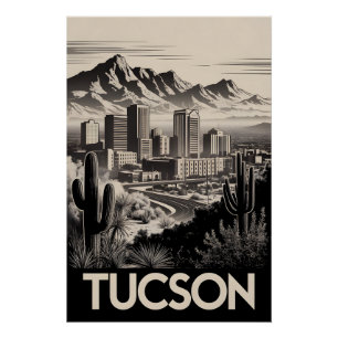 Poster Tucson Arizona Skyline Noir Blanc Gravure sur Bois
