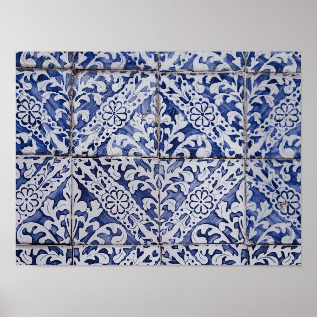 Poster Tuiles portugaises - Azulejo Floral bleu et blanc (Devant)