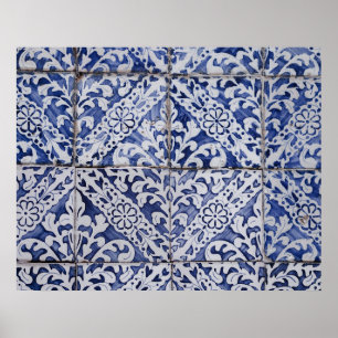 Poster Tuiles portugaises - Azulejo Floral bleu et blanc