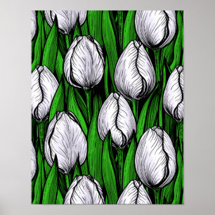 Poster Tulières blanches avec feuilles verts