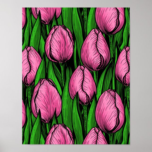 Poster Tulières roses avec feuilles verts (Devant)