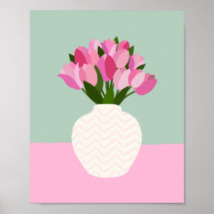 Poster Tulip Arrangement Vase Florale Rose et Vert