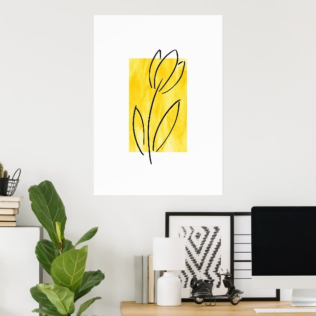 Poster Tulipe dessinée à la main, Aquarelle Jaune Abstrai (Bureau à domicile)