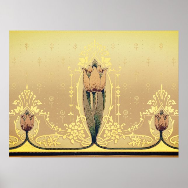Poster Tulipe florale Art nouveau rose et or élégant (Devant)