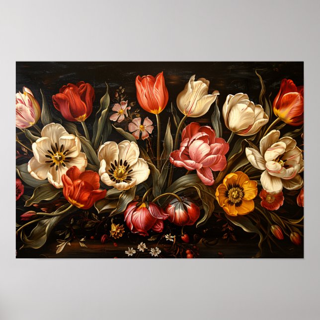 Poster Tulipes colorées Peinture à l'huile botanique (Devant)