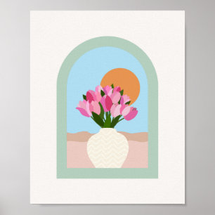 Poster Tulipes Dans Un Vase Bleu Rose Vert Floral