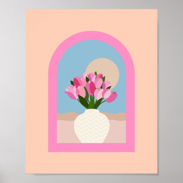 Poster Tulipes Dans Un Vase Rose Orange Et Floral Bleu (Devant)