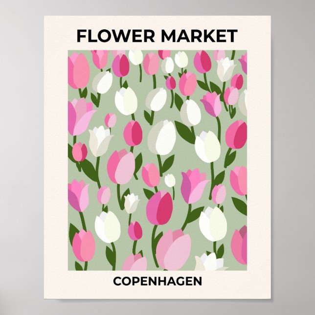 Poster Tulipes Du Marché Fleur De Copenhague Rose Et Vert (Devant)