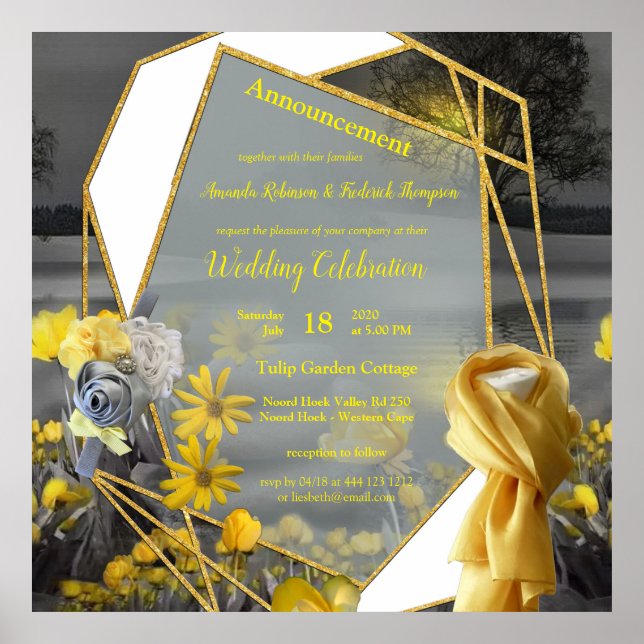 Poster Tulipes gris et jaunes, marguerites au coucher du  (Devant)