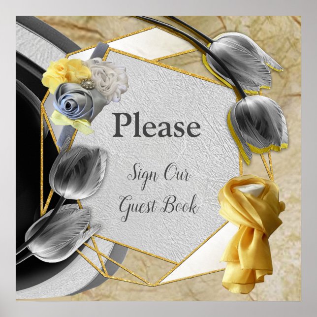 Poster Tulipes gris et jaunes sur texture (Devant)