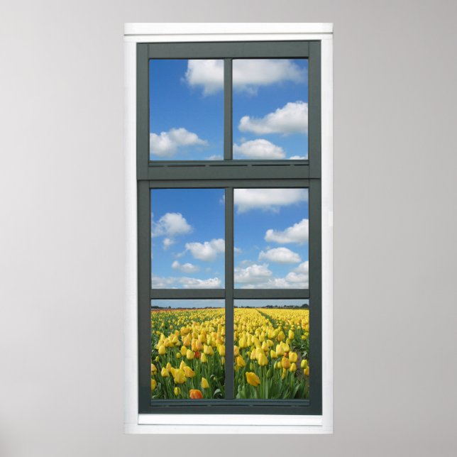 Poster Tulipes Jaunes Ciel Bleu Fenêtre de printemps Affi (Devant)