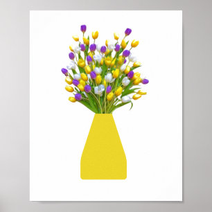 Poster Tulipes jaunes et violettes dans un vase jaune