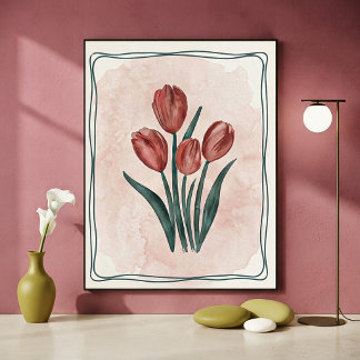 Poster Tulipes rouges botaniques vintage et fond aquarell