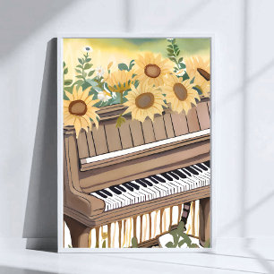 Poster Tune in Bloom Tournesol Floral Piano Aquarelle