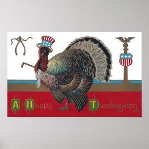 Poster Turkey Wearing Patriotic Hat Vintage Thanksgiving