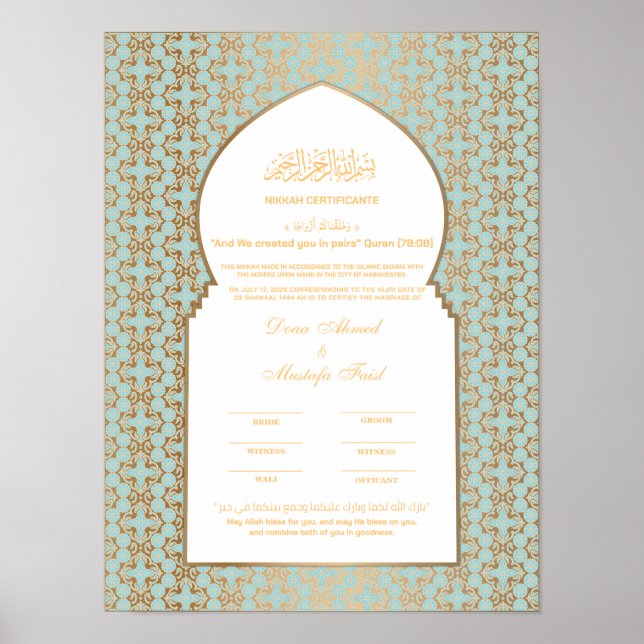 Poster Turkuaz avec certificat Gold nikkah (Devant)