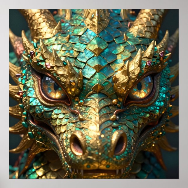 Poster Turquoise and Gold Dragon Face (Devant)