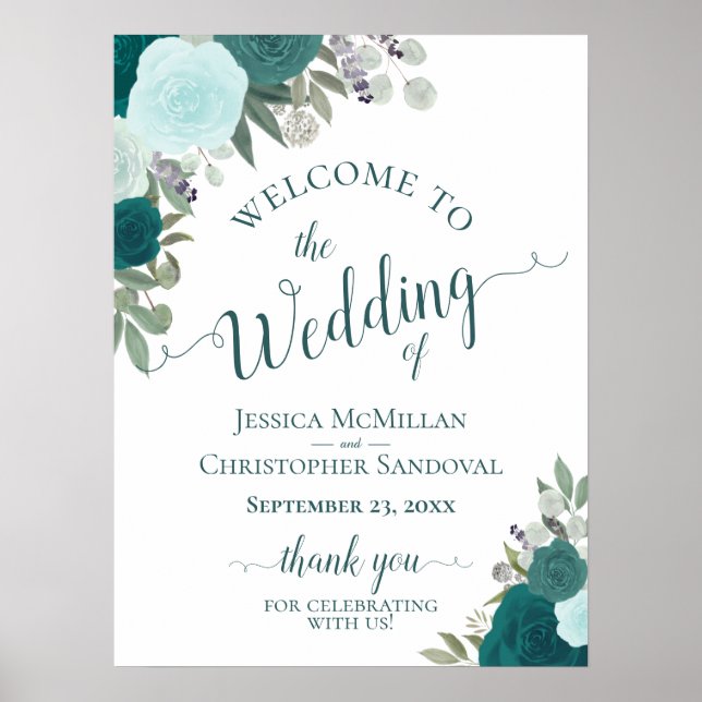 Poster Turquoise & Aqua Boho Chic Rose Mariage Bienvenue (Devant)