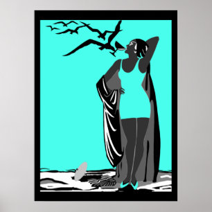 Poster turquoise ART DECO LADY Black Blancs