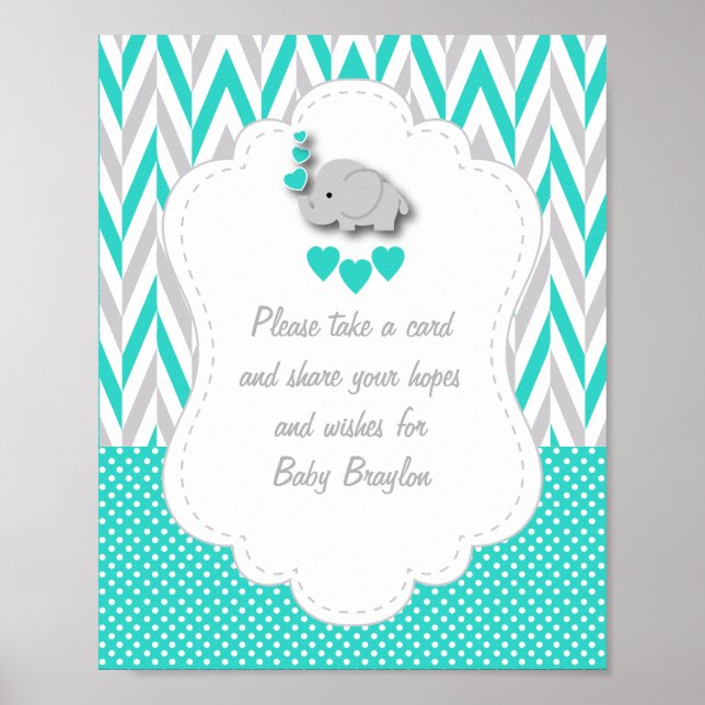 Poster Turquoise, Baby shower d'éléphant gris blanc (Devant)