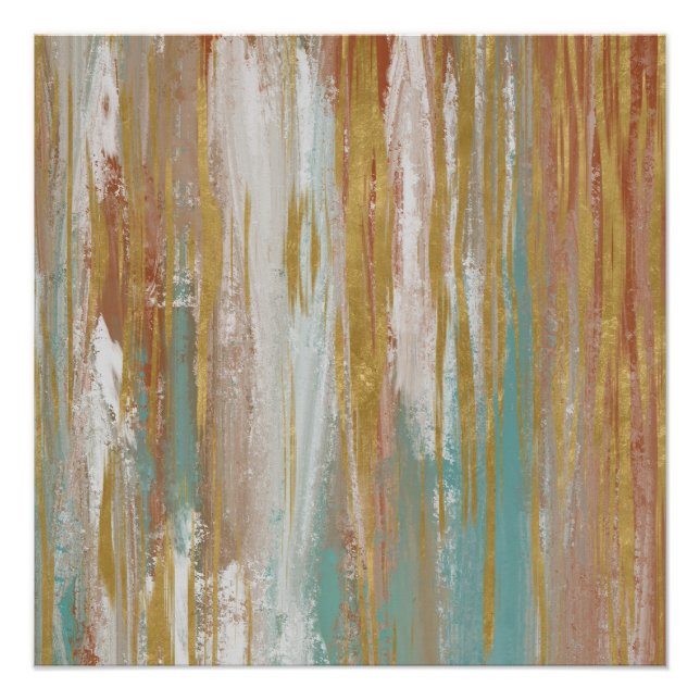 Poster Turquoise, blanc, rouge ocre et or Abstrait (Devant)