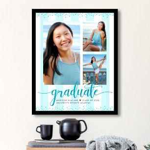 Poster Turquoise Bleu Grad 3 Photo Paillettes Script Rayu