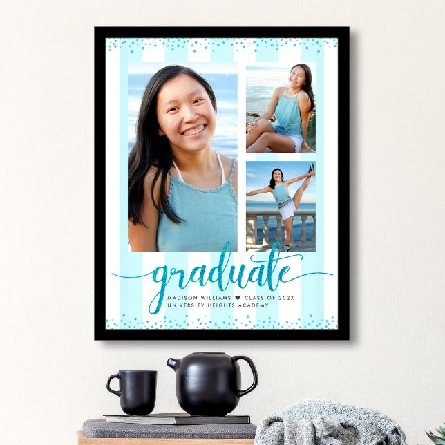 Poster Turquoise Bleu Grad 3 Photo Paillettes Script Rayu (Créateur téléchargé)