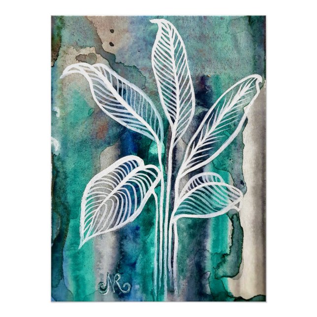 Poster Turquoise Bleu & Turquoise Aquarelle Botanique Mod (Devant)