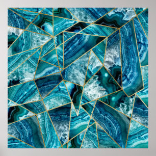 Poster Turquoise Blue Agate Black Gold Triangle géométriq