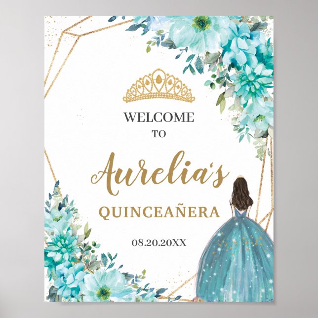 Poster Turquoise Blue Floral Quinceañera Accueil (Devant)
